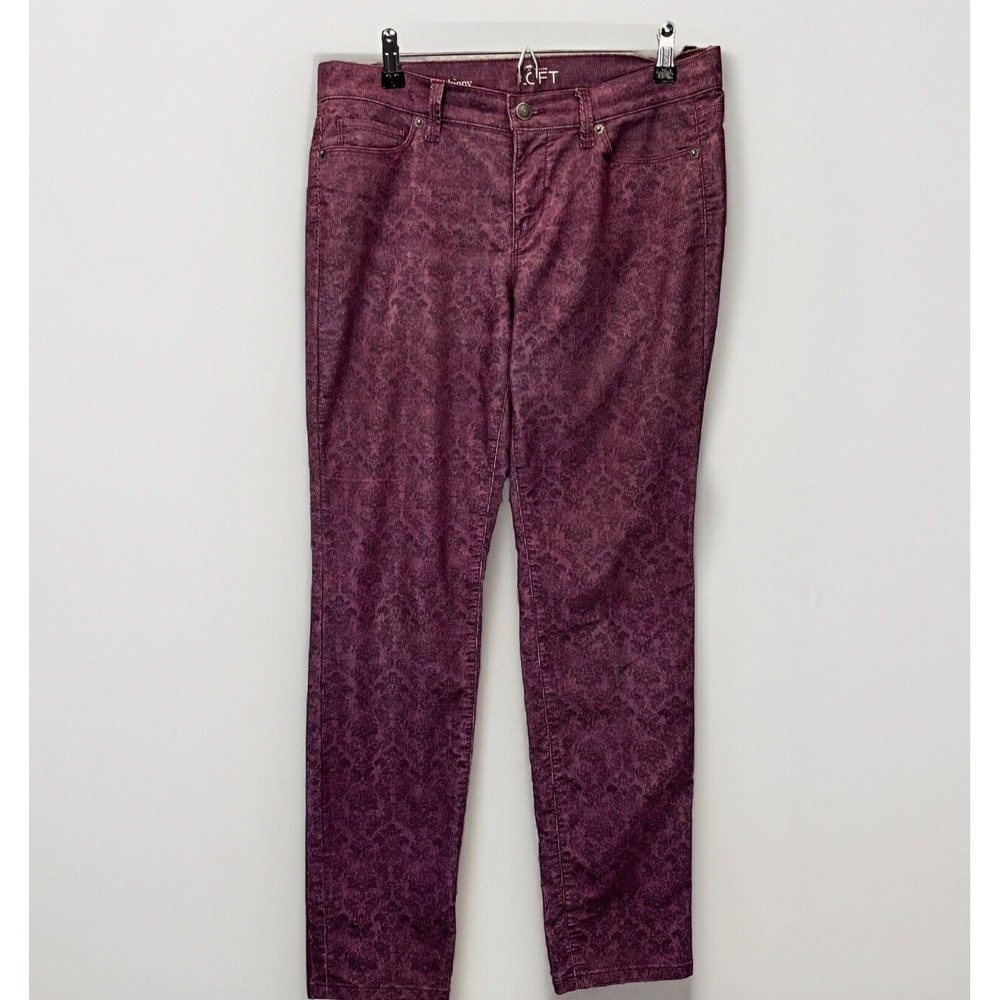 Loft Corduroy Pants Size 29/8P Tapered Leg Modern Skinny Burgundy Damask Print - Picture 2 of 11